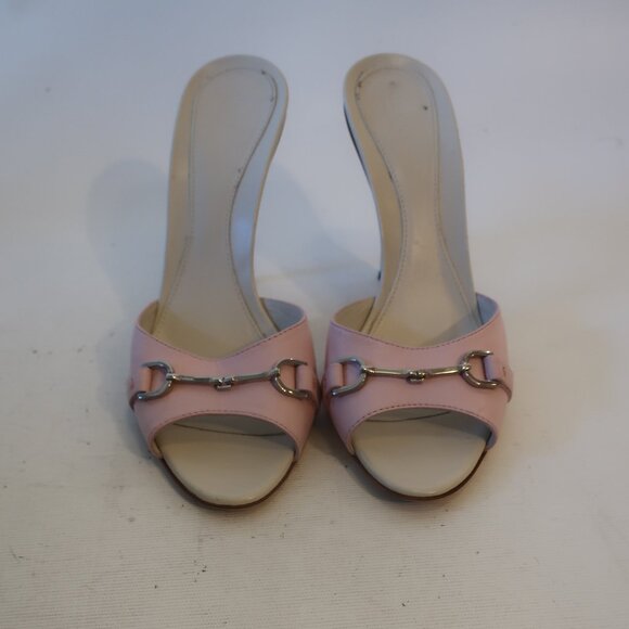 Womens Gucci Pink Stiletto Heel Open Toe Leather Sandal Mule Heels 38.5 US/8.5 - Picture 2 of 11